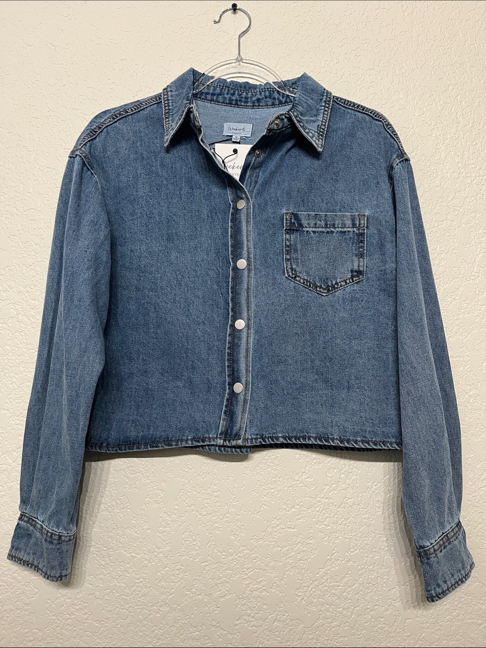 Weekends Women’s Medium Cropped Blue Denim Button-Down Shirt